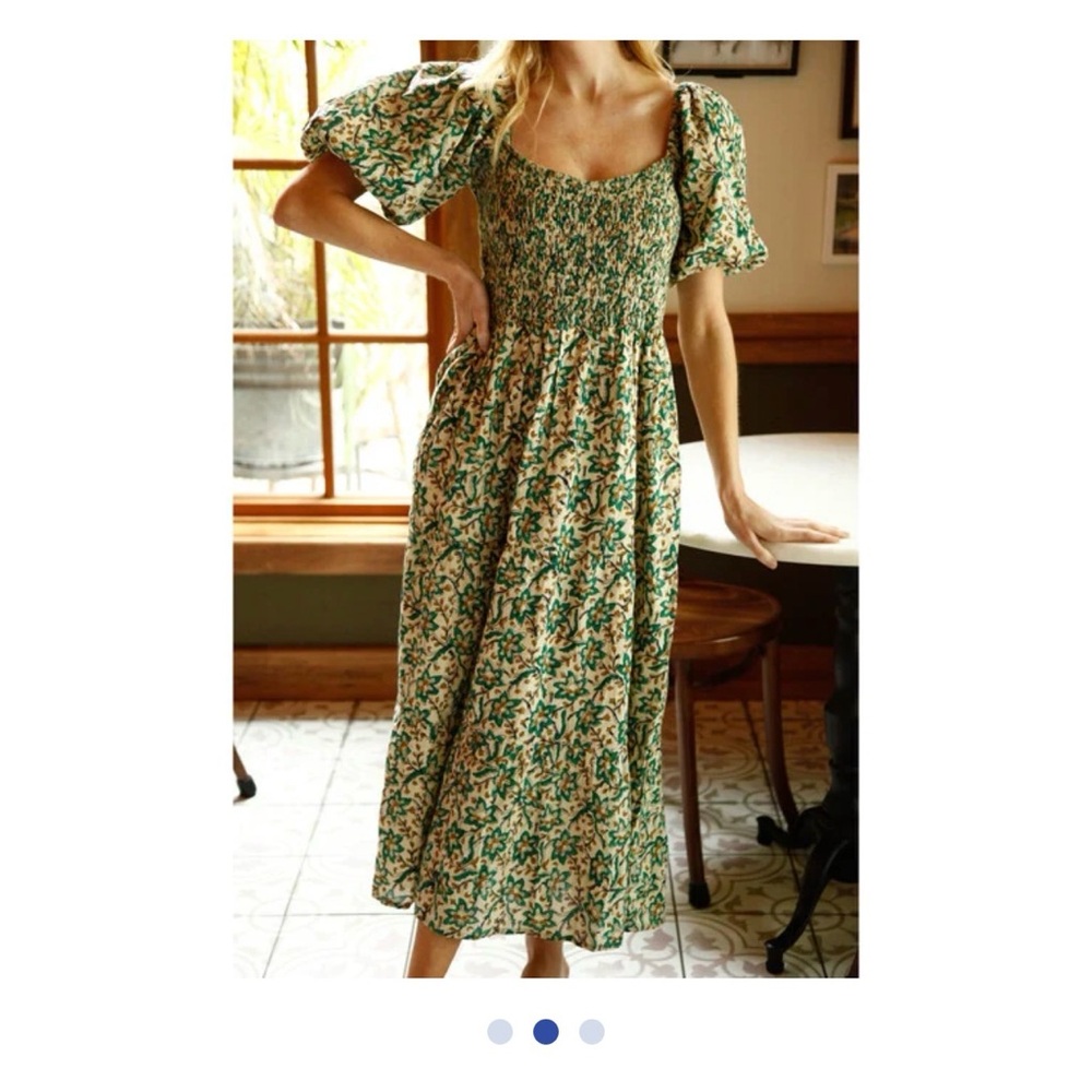 Smocked Square-Neck Floral Midi Dress - Green/Cream